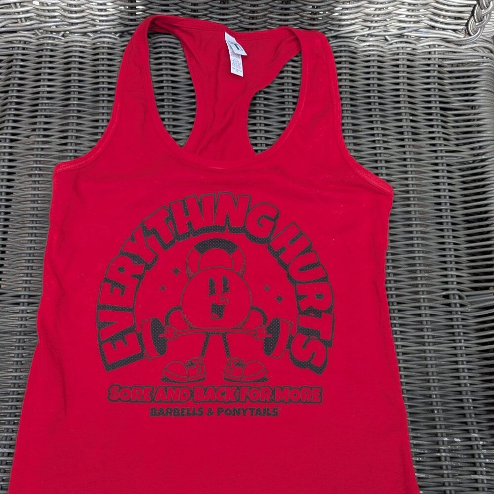Barbells And Ponytails " Retro Everything Hurts " Racerback Tank Top Sz S NEW